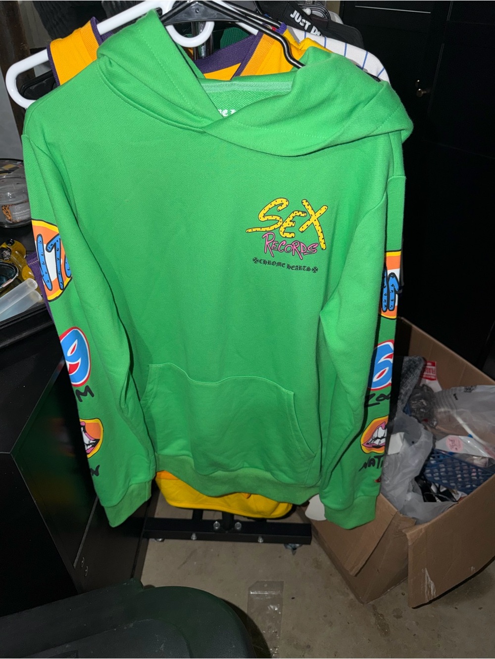 Men’s medium  Green Crewneck Hoodie with Colorful Sleeve Graphics